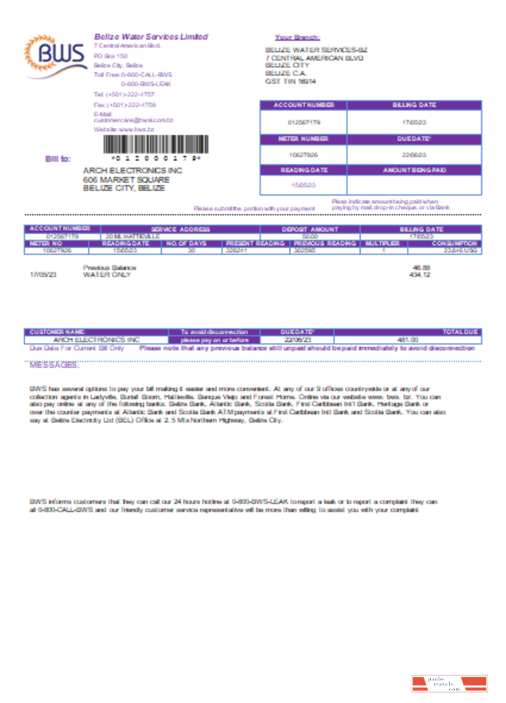 Belize Water Services Limited utility business bill, SCR PSD template